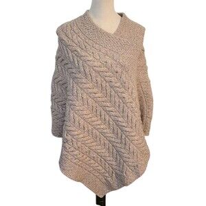 Kilronan Knitwear Poncho XS/S Beige Merino Wool Cable Chunky Fisherman Ireland